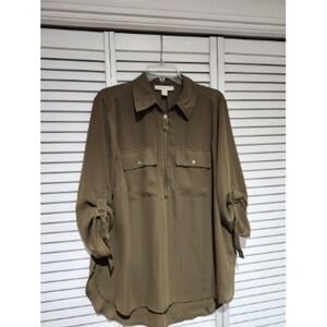 Michael Kors Olive Green Utility Tunic Shirt Roll Tab Sleeves 1X